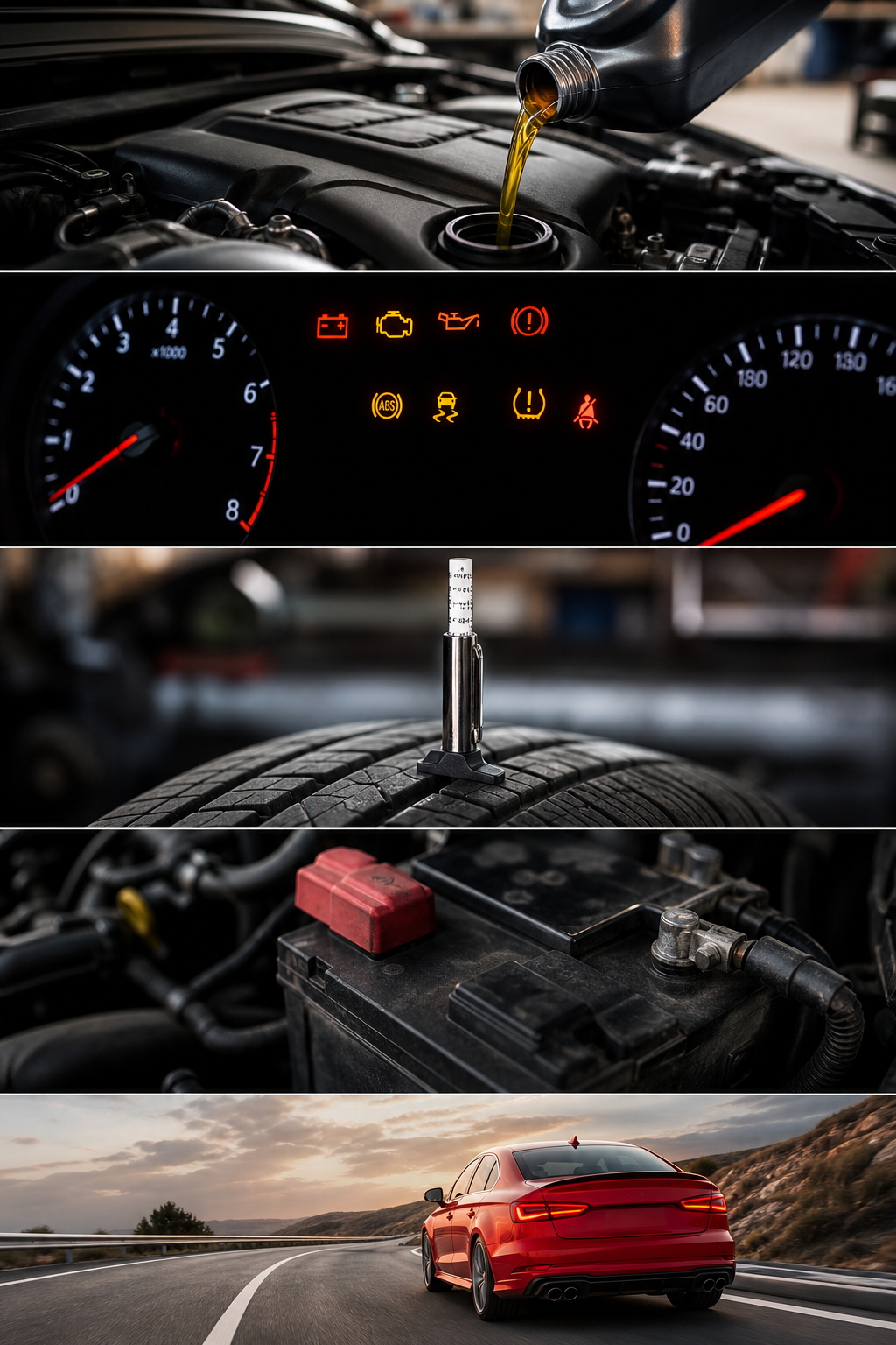 Automotive maintenance, dashboard, tire, battery and road-trip collage